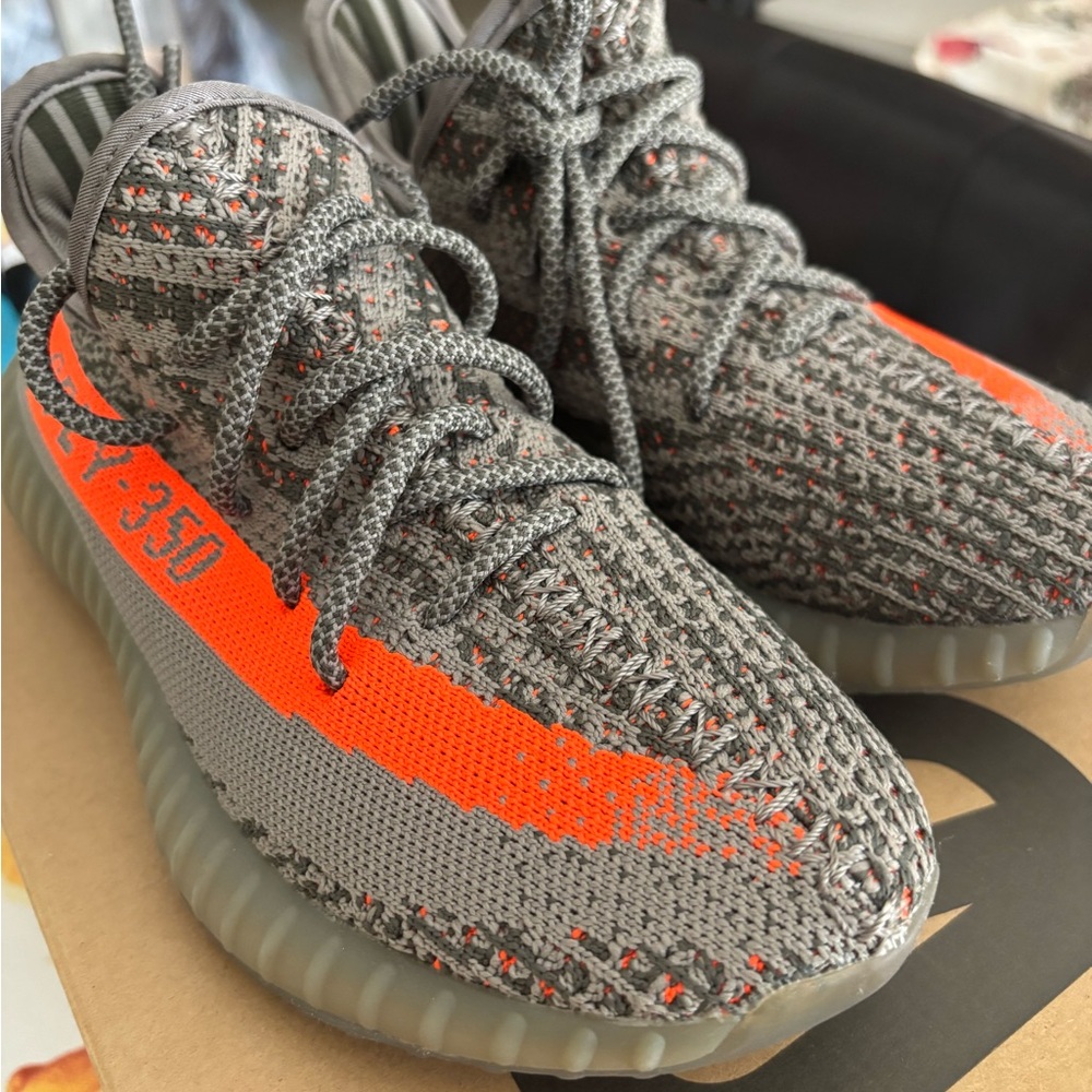 Like New Yeezy Boost 350 Grey and Orange Knit Athletic Shoes by Adidas